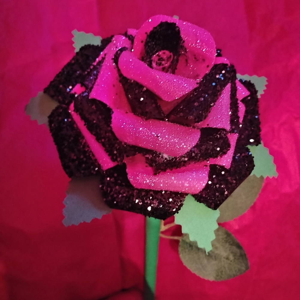 Hand Made Glittery Pink and Black Rose Decoration.